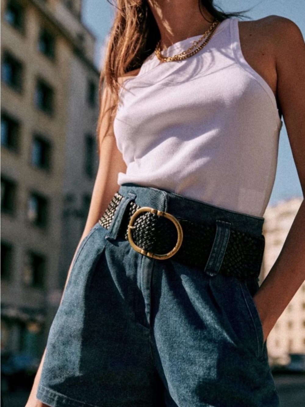 Sézane Braided Leather Belt with Brass Buckle - Black